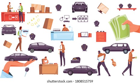 Pawnshop flat icons set with jewelry cars electronic appliances robber pawnbroker isolated on white background vector illustration