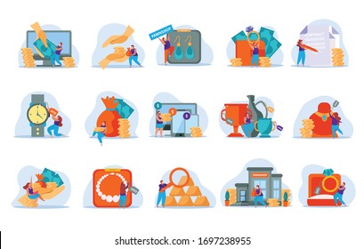 Pawnshop flat recolor set of isolated pawn shop icons with images of people and valuable items vector illustration