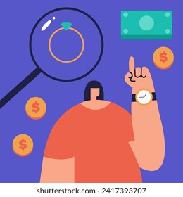 Pawnshop. Girl returned the watch from the pawnshop. Flat vector illustration.