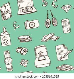 Pawnshop hand drawn doodle seamless pattern. Sketches. Vector illustration for design and packages product. Symbol collection.