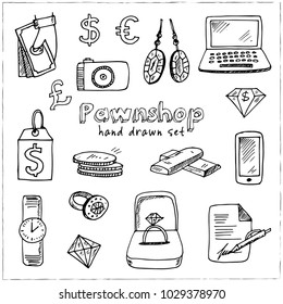 Pawnshop hand drawn doodle set. Sketches. Vector illustration for design and packages product. Symbol collection.