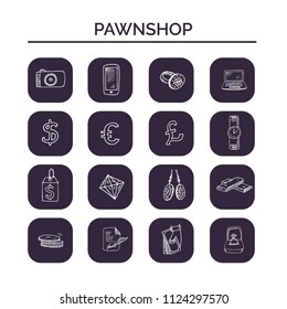 Pawnshop hand drawn doodle set. Sketches. Vector illustration for design and packages product. Symbol collection.