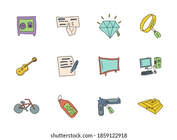 pawnshop hand drawn linear vector icons isolated on white background. pawnshop doodle icon set for web and ui design, mobile apps and print products