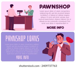 Taller, plantillas horizontales, ilustración vectorial en estilo de dibujos animados planos. Pancartas con gente en una tienda de peones, el hombre elige y muestra joyas de lujo, oro y diamantes. diseño web