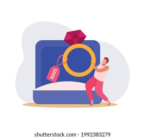 Pawnshop jewelry colorful flat icon with characting buying golden ring vector illustration