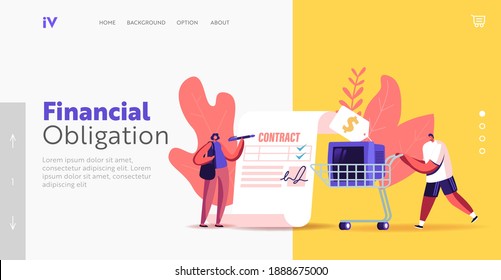 Pawnshop Landing Page Template. Tiny Female Character Signing Huge Paper for Buy or Sell Things. Man Push Shopping Trolley with Tv. Buyer or Seller in Pawn Shop Concept. Cartoon Vector Illustration
