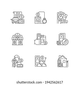 Pawnshop linear icons set. Vehicle title loan. Price calculation. Antiques. Short-term borrowing. Customizable thin line contour symbols. Isolated vector outline illustrations. Editable stroke