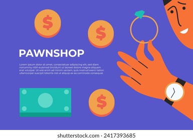 Pawnshop. Man holds a diamond ring in his hand to exchange it for money. Flat vector illustration.