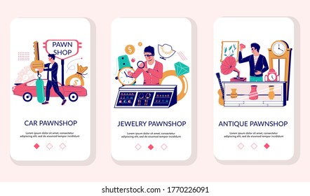 Pawnshop Mobile App Onboarding Screens. Menu Banner Vector Template For Website And Application Development. Pawnshop Or Pawnbroker Offering Collateral Loans In Exchange For Car, Jewelry And Antiques.