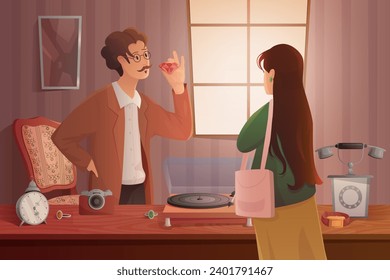 Pawnshop service vector illustration. Cartoon pawn shop appraiser with glasses looking at gem in hands, male pawnbroker standing at table full of antiques, woman waiting appraisal of jewelry value