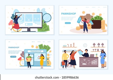 Pawnshop services set. Pawnbrokers making offer to give loan in exchange for valuable personal stuff such as gold, diamonds, antiques, smartphones. Website, web page, landing page template. Vector