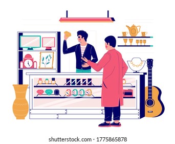 Pawnshop services, vector flat illustration. Customer male character visiting pawnshop to get loan and leave gemstone as collateral. Jewelry expert appraiser or pawnbroker making appraisal of it.