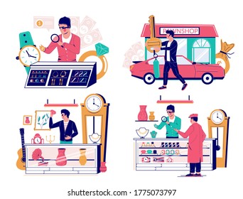 Pawnshop set, vector flat isolated illustration. Pawnbrokers offering loans in exchange for valuable personal things such gold, diamonds, antiques, mobile phones, cars as collateral. Pawnshop services