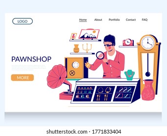 Pawnshop vector website template, landing page design for website and mobile site development. Pawnshop expert appraiser looking at jewelry, expensive valuable thing under magnifying glass.