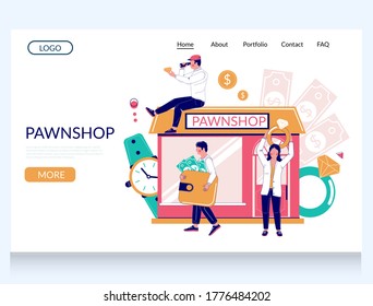 Pawnshop vector website template, landing page design for website and mobile site development. Pawnshop building, male and female characters worker, customers holding wallet with money, diamond ring.
