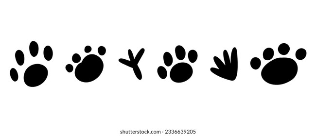 Pawprint. Trace of  animal paw print. Pawprint of cat, dog, frog, lion, tiger, bear. Vector black icon illustration isolated on a white background.