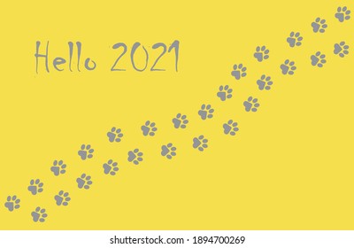 Paws of a cat, dog, puppy. Diagonal animal footprints for T-shirts, backgrounds, websites, postcards, children's prints. Illuminating and Ultimate gray. Vector graphics.