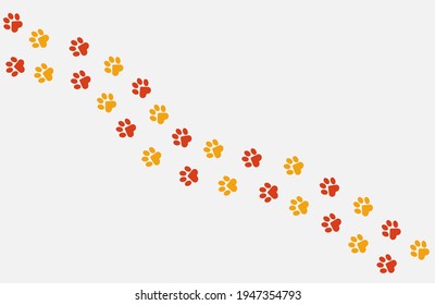 Paws of a cat, dog, puppy. Diagonal animal red and yellow footprints for T-shirts, backgrounds, websites, postcards, children's prints. Vector graphics.