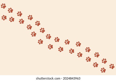 Paws of a cat, dog, puppy in pastel pink shades. Diagonal animal footprints for T-shirts, backgrounds, websites, postcards, throw pillows, children's prints. Vector.