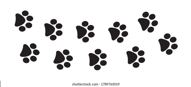 Paws footprint trail. Dog walk track prints silhouette for banner or package design