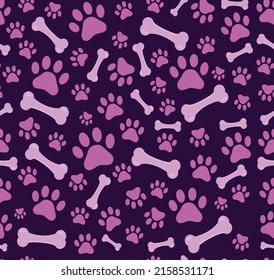 
garras, huellas, huesos fondo rosado sin soldadura, patrón de perro de textura vectorial