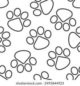 Paws or footprints of cats and dogs in black outline on a white background create a cute seamless pattern for fashion fabrics, wrapping paper. Vector.