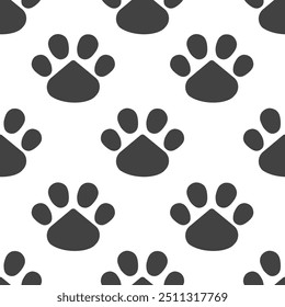 Paws or footprints of cats and dogs in black footprints on a white background create a cute seamless pattern for fashion fabrics, wrapping paper, animal decorative pillows. Vector.