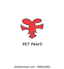 Paws Heart Hugging Vector Logo Shape. Template Love Pets Icon. Cute Symbol Design for Vet Clinics, Animal Shelters and Pet Shops.
