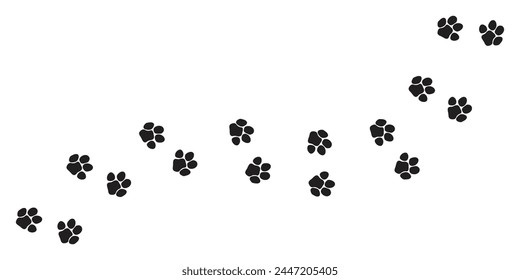 Paws, hippo tracks, diagonal trail of tracks, vector black silhouettes.