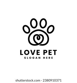 Paws Logo Vector With Heart Line Icon, Love Pet Logo Design