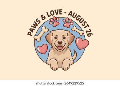 Paws and love dog day vector label with puppy heart and pink tones for animal lovers t-shirt or print