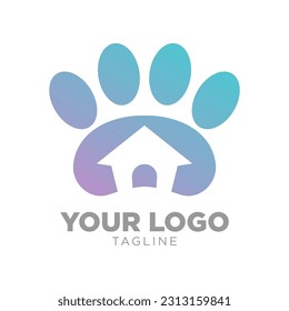 paws and negative space of home with trendy gradient color for pet house vector logo design