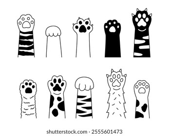 Paws up pets set. black and white icon.