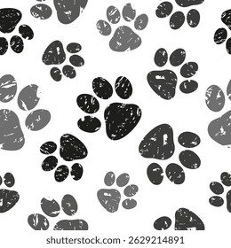 Paws print seamless pattern. Vector background with black cats paws