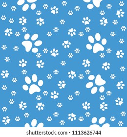 Paws seamless background, paw blue pattern, vector illustration