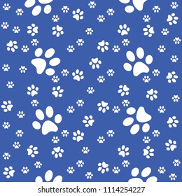 Paws seamless background, paw pattern, blue vector illustration