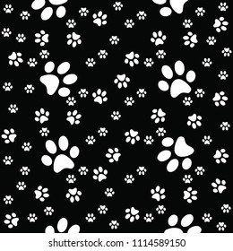 Paws seamless black background, paw pattern, vector illustration