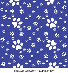 Paws seamless navy blue background, paw pattern, vector illustration