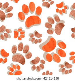 Paws seamless pattern. Animal paws print. Vector background with watercolor footprints. 