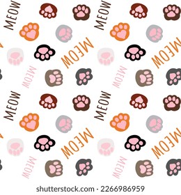 cat’s paws seamless pattern illustration, meow footprint steps, wrapping paper design  