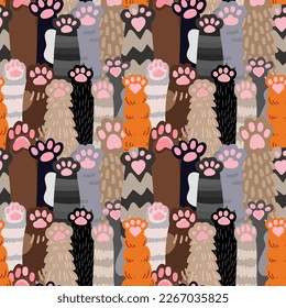 cat’s paws seamless pattern illustration, meow footprint steps, wrapping paper design
