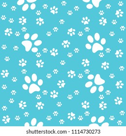 Paws seamless turquoise background, paw pattern, vector illustration