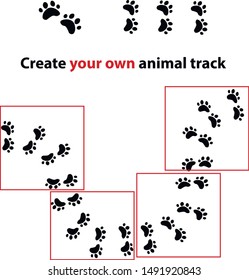 Paws track constructor. Cat paws print. Paw print vector. Animal print.