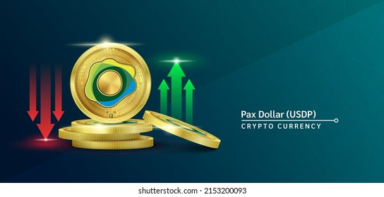 Pax Dollar token cryptocurrency banner. Future currency on blockchain stock market with red-green arrows up and down. Gold coins crypto currencies. Banner for news on a green background. 3D Vector.