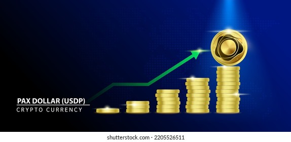 Pax Dollar (USDP) Coin crypto on blue background. Stablecoin blockchain token price increase from pile of gold coins.There is space to enter message. Nice for cryptocurrency digital money concept.