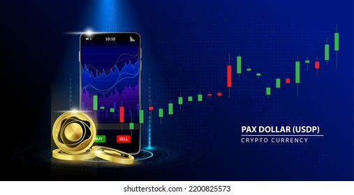 Pax Dollar (USDP) coin gold Online payment. Hand holding smartphone money  payment app bank. Secure mobile banking finance concept Blue background vector illustration. 3D Cryptocurrency blockchain.