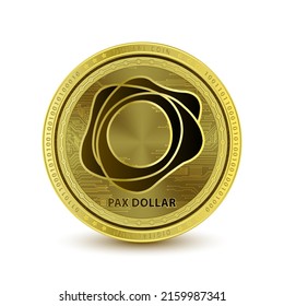 PAX Gold (PAXG) coin isolated on white background. Cryptocurrency blockchain (crypto currency) digital currency alternative currency. 3D Vector illustration. Symbol of business modern gold, money.