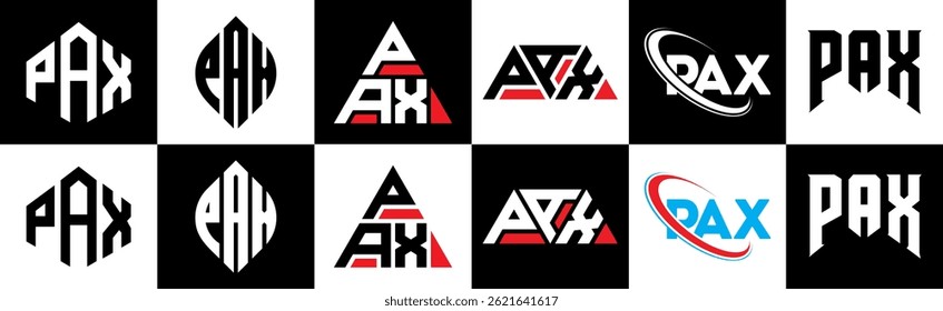 PAX letter logo design in six style. PAX polygon, circle, triangle, hexagon, flat and simple style with black and white color variation letter logo set in one artbPArd. PAX minimalist and classic logo