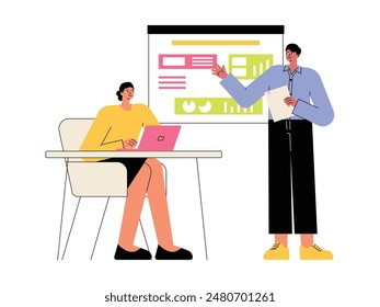 Pay attention to the explanation from the leader in meetings and presentations, vector illustration.