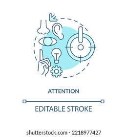 Pay attention on ideas concept turquoise icon. Focus on. Brain memorization stages abstract idea thin line illustration. Isolated outline drawing. Editable stroke. Arial, Myriad Pro-Bold fonts used